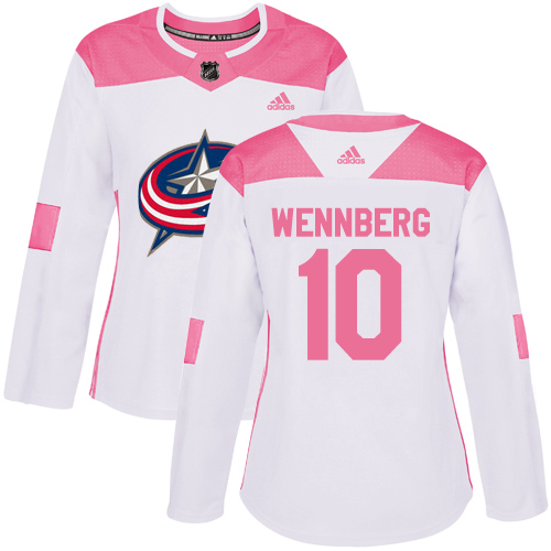Adidas Blue Jackets #10 Alexander Wennberg White/Pink Authentic Fashion Women's Stitched NHL Jersey - Click Image to Close